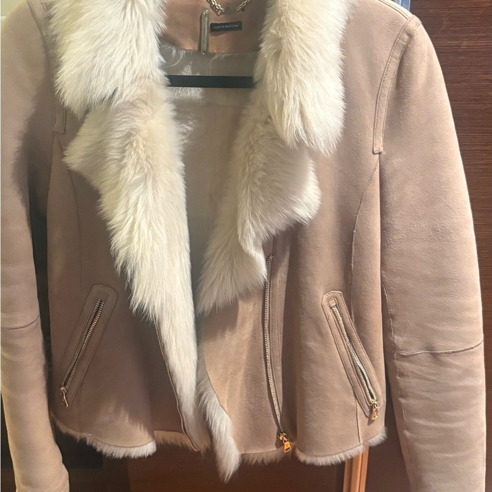 Massimo Dutti Suede Teddy Jacket with Cream Fur trim